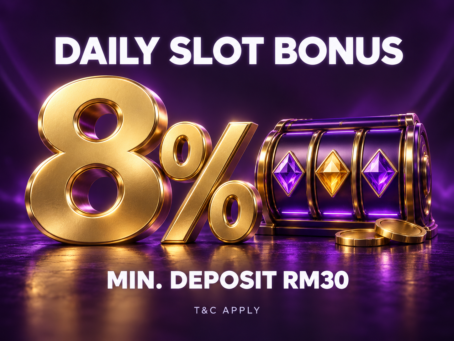 Daily Slot Bonus 8 percent; minimum deposit RM30; terms apply