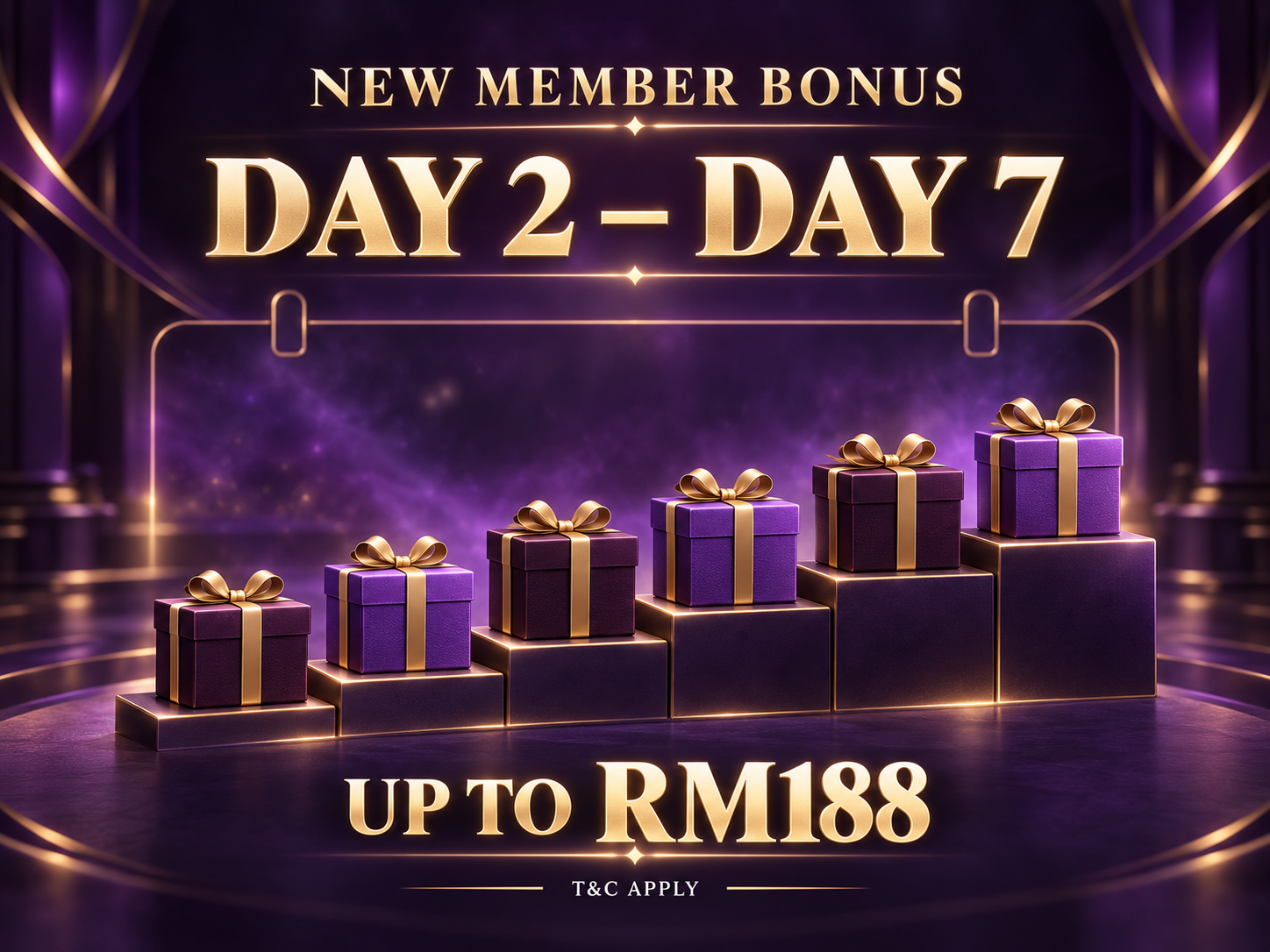 New Member Bonus, Day 2 to Day 7, up to RM188; terms apply
