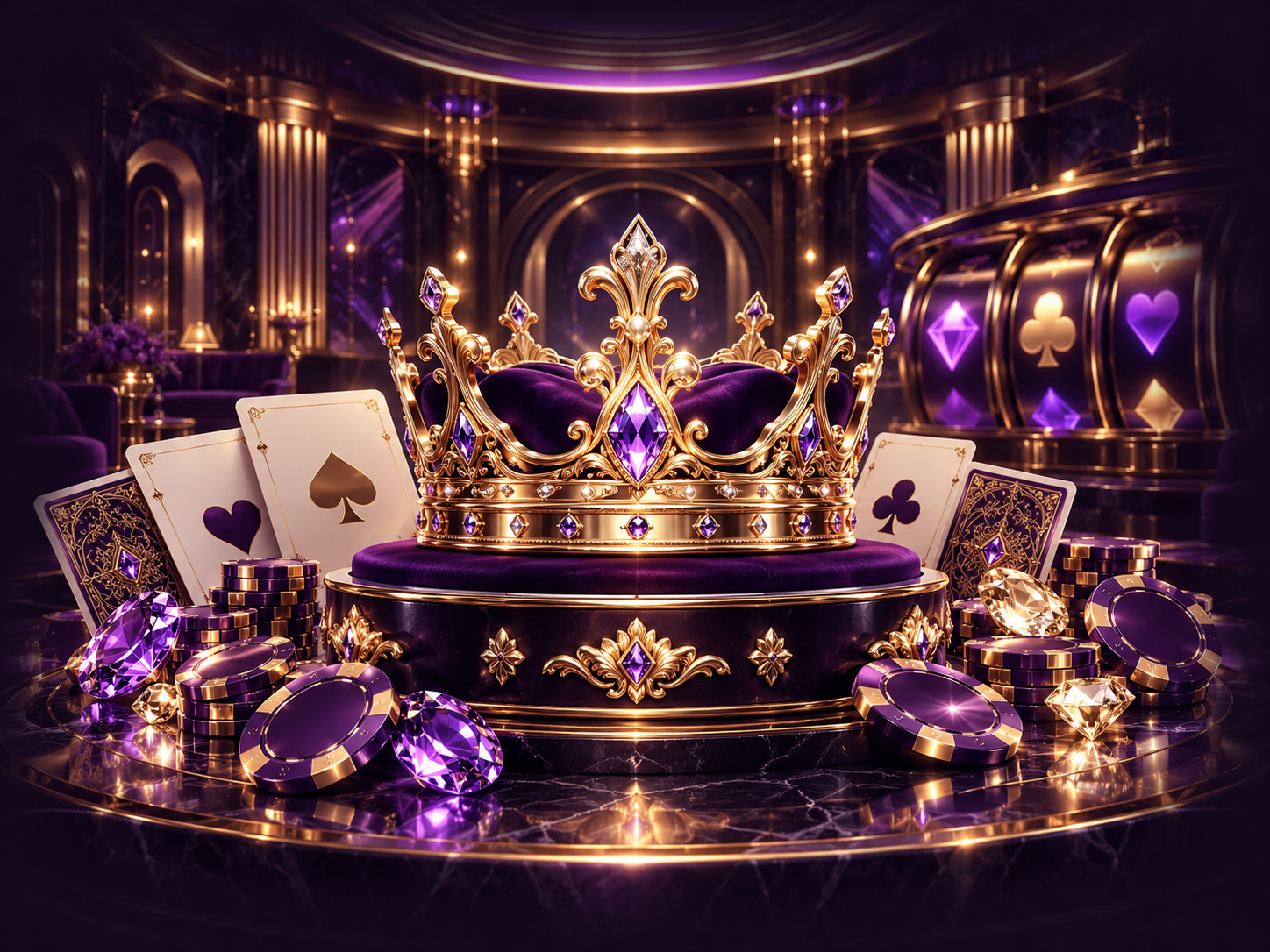 WINLAJU88 purple and gold crown with gaming cards and slot reels