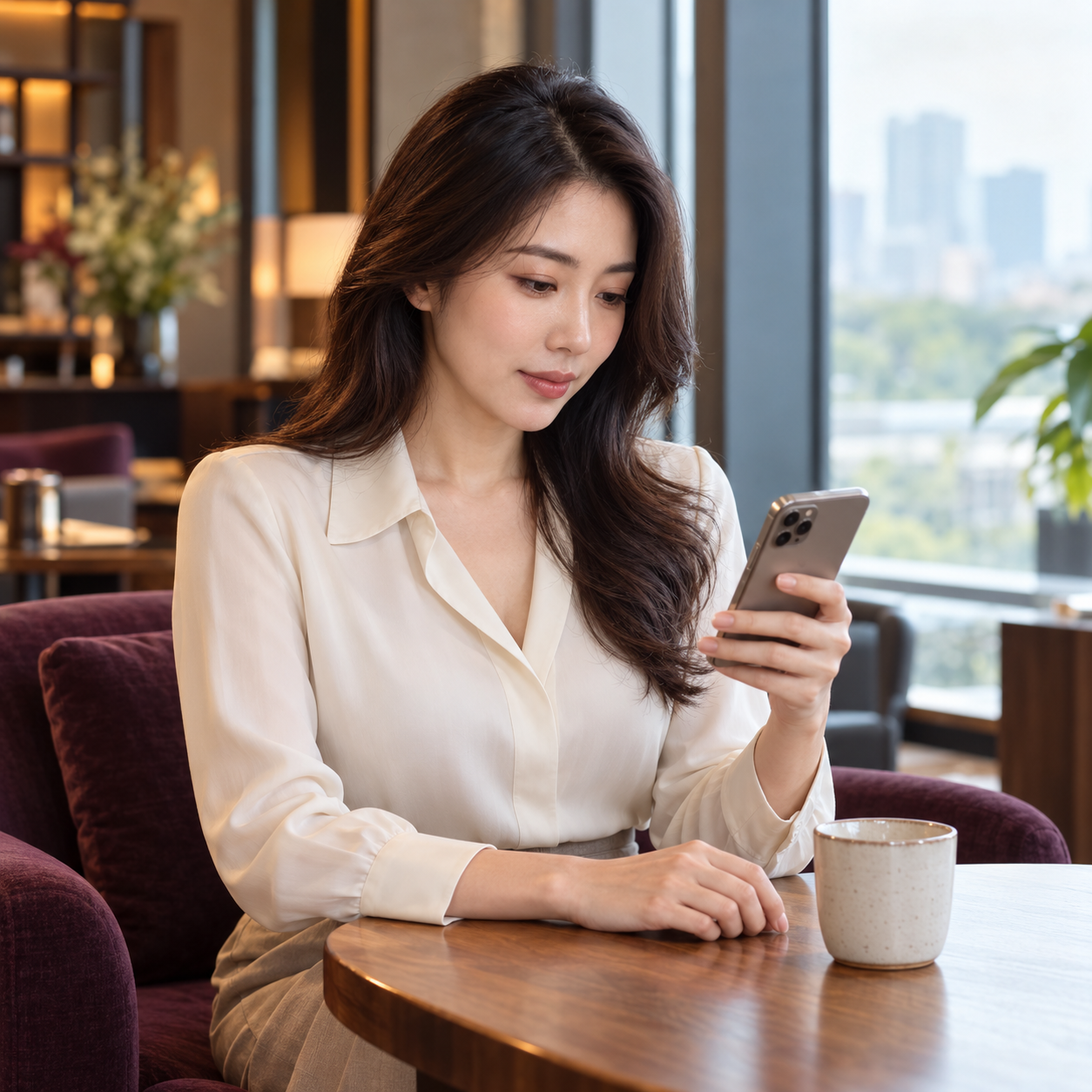 An adult woman using a smartphone beside a cafe window