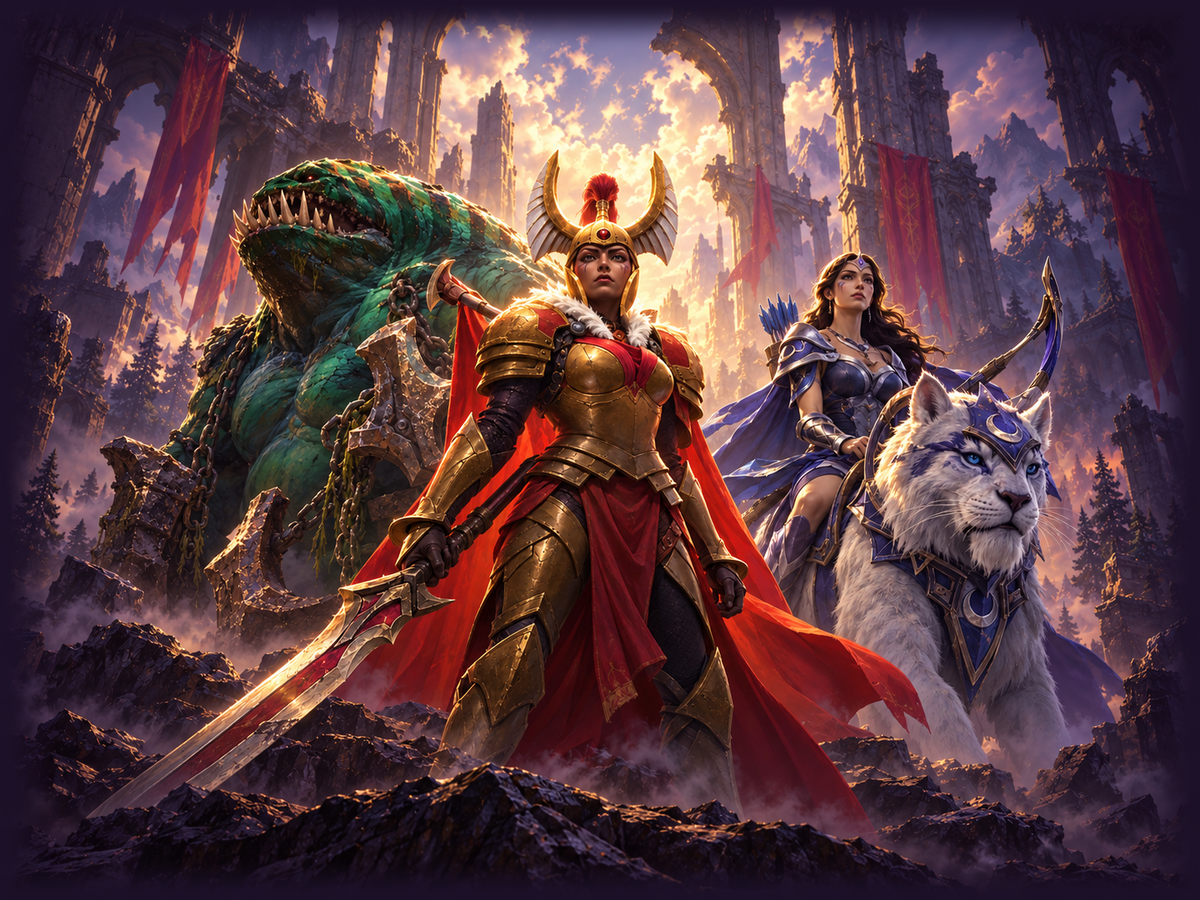 Armoured fantasy heroes and a white tiger in a ruined arena for the Dota 2 guide