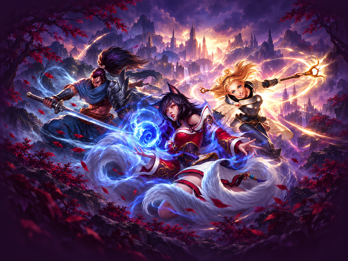 Fantasy champions with blue magic in a purple landscape for the League of Legends guide