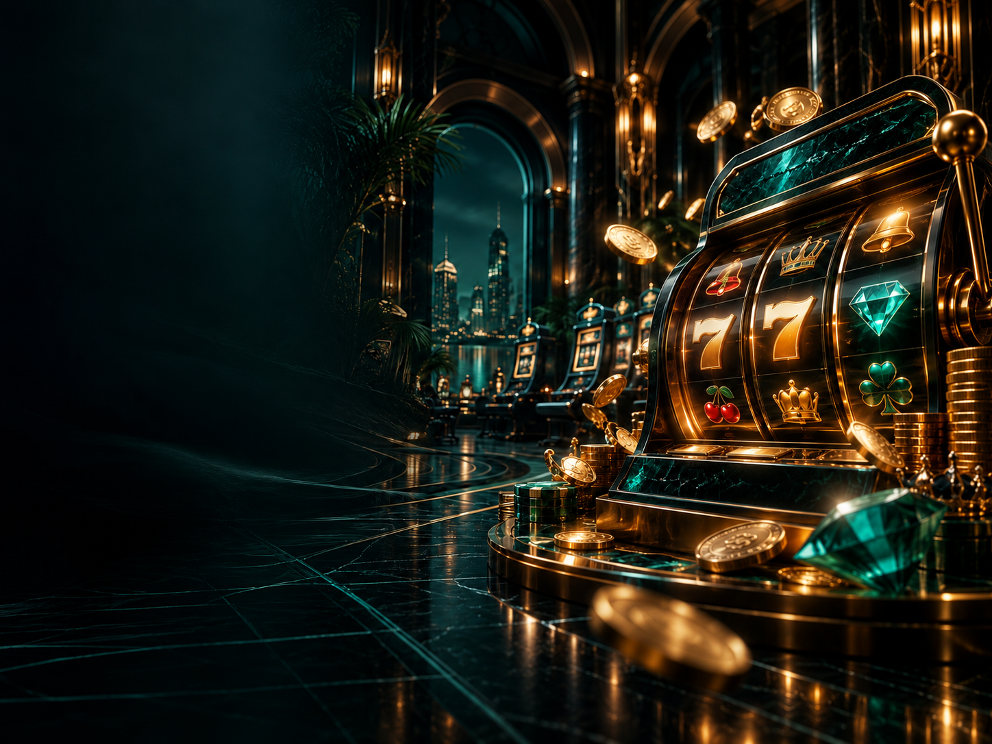 Decorative gold and emerald slot machine in a dark lounge