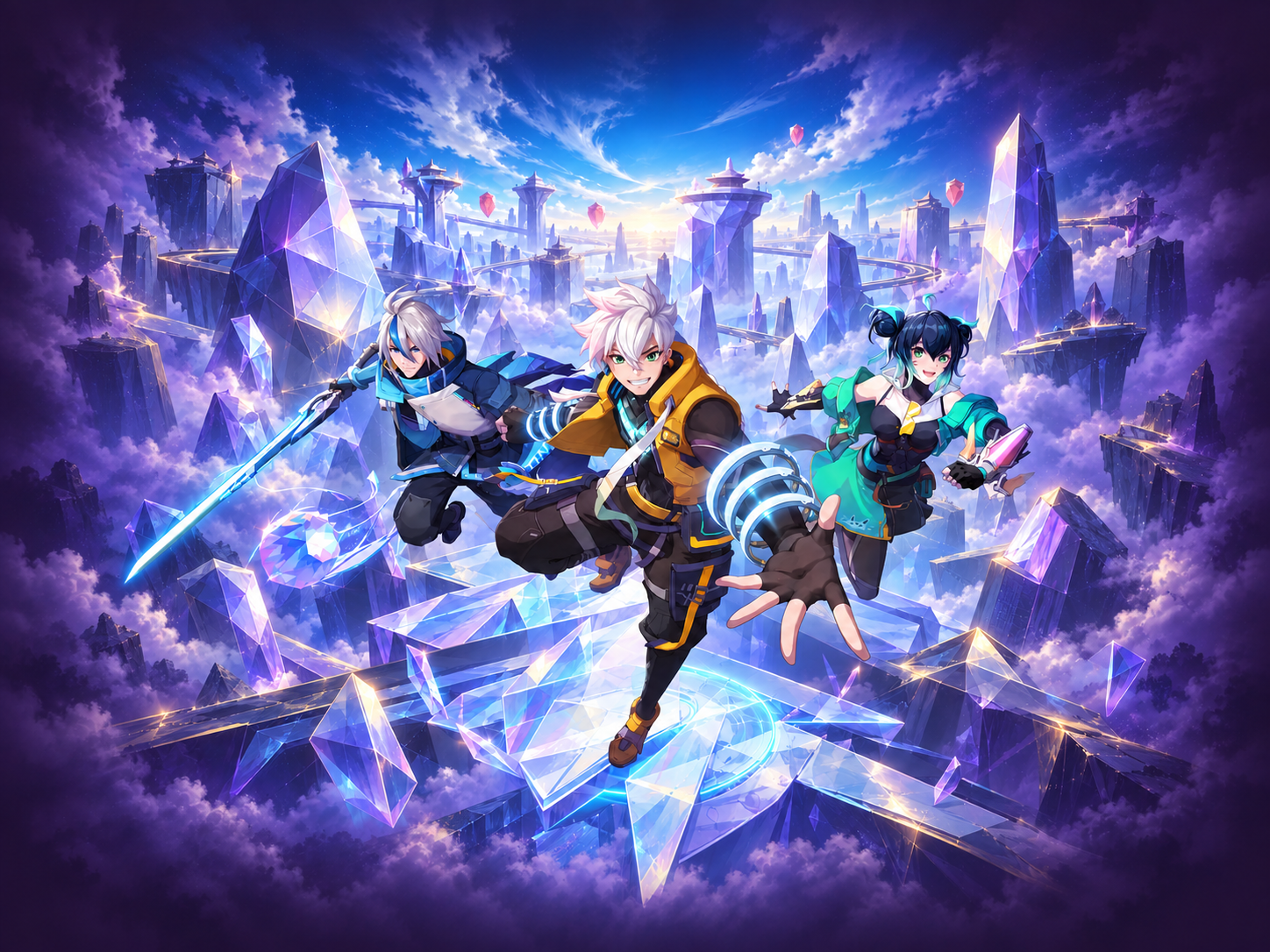 Three fantasy heroes in a crystalline sky arena for the Mobile Legends Bang Bang guide