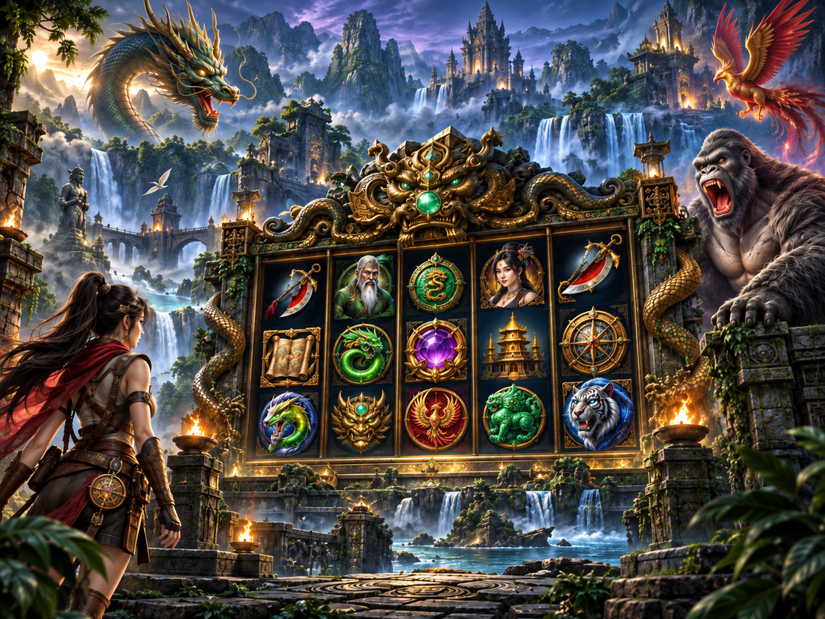 Decorative gold and emerald slot machine in a dark lounge